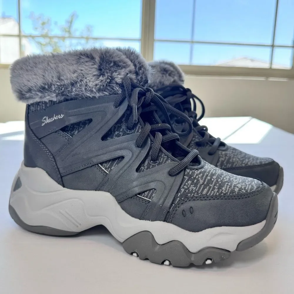 Skechers Women's Gray D'Lites 3 Space Day Fur-Trim Winter Boots Size 7